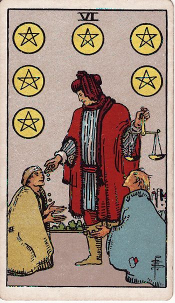 Κάρτα ταρώ Έξι Πεντακλών (Six of Pentacles) - Rider-Waite